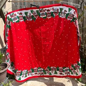 Festive Red Holiday Tablecloth with Alpine Village Design, 80” x 64”, 50% cotton